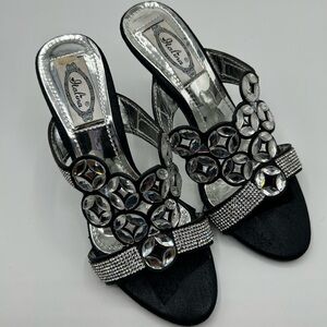 Women’s Italiana Black Rhinestone Slip on Sandals Silver Heels size 7